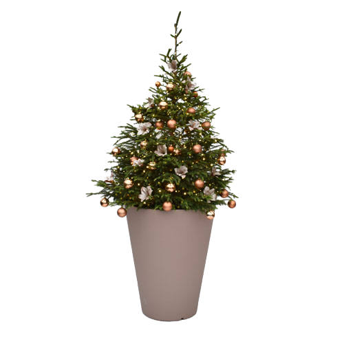 Kerstboom incl. verlichting, kerstballen en decoratie in taupe "Olla" pot