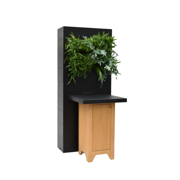 FLEX tafel zwart blad met zwarte houten wand gevuld met planten
