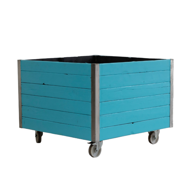 Houten plantenbak blauw op wieltjes