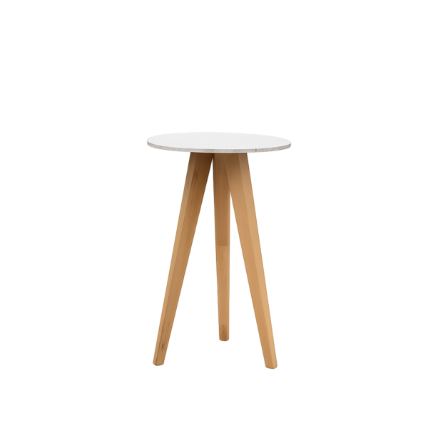 Statafel rond met wit graniet-look blad en eiken poten