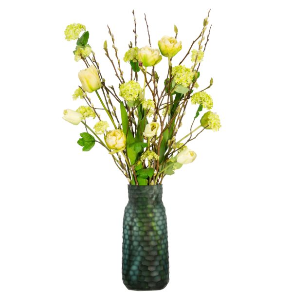 Bombyxx vaas groen met gele zijden tulpen en takjes