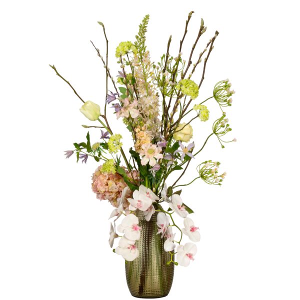 Bombyxx vaas (S) met een mix van pastel zijden bloemen en takken