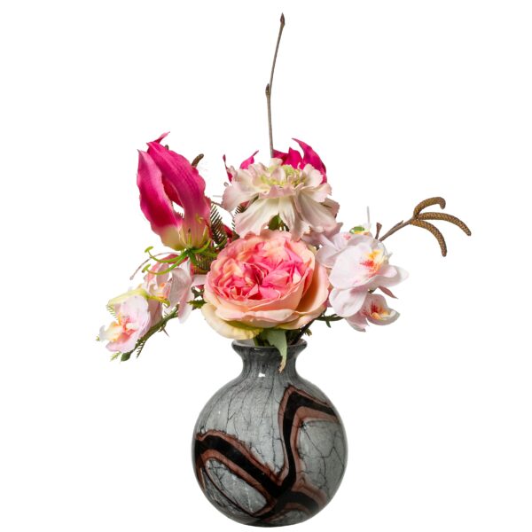 Fidrio vaasje zwart/goud met luxe roze zijden bloemen