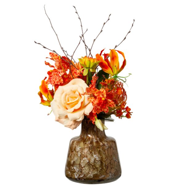 Fidrio bruin glazen vaasje met luxe oranje zijden bloemen