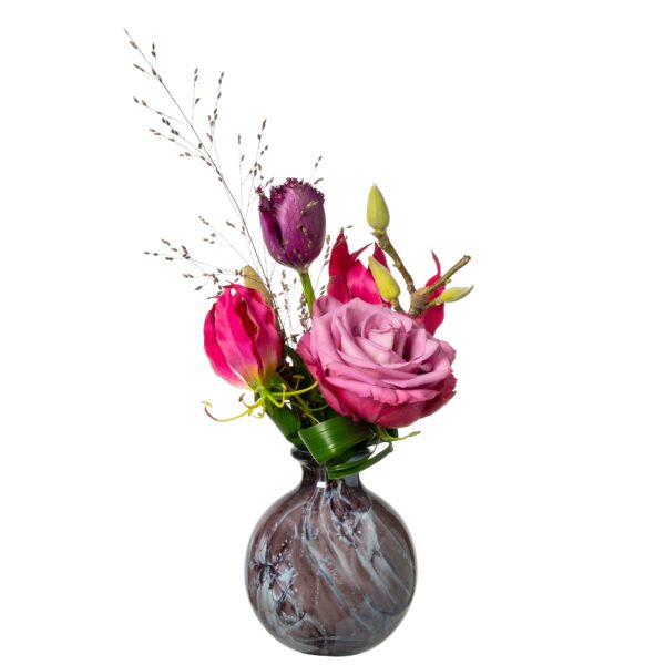 Fidrio bolvaas paars gevlamd met roze bloemen